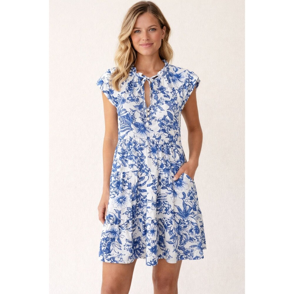 MSK Blue White Floral Dress Womens Large Linen Blend Short Sleeve Tie Neck